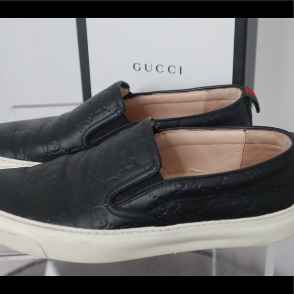 GUCCI BLACK LEATHER WEB LACE-UP LOW-TOP SNEAKERS - Picture 1 of 3